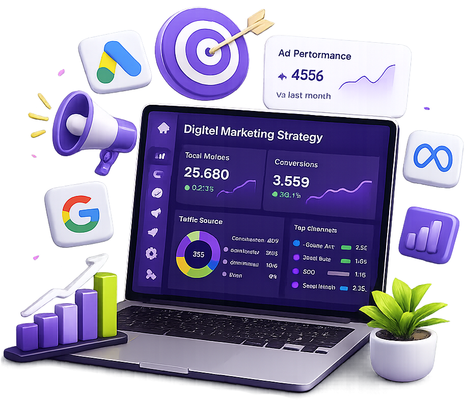 Marketing performance dashboard showing revenue growth, campaign ROAS and conversions
